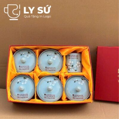 Bộ giftset cốc sứ Bát Tràng quà tặng in logo gồm 1 cốc sứ và 5 hũ mứt BGS-01