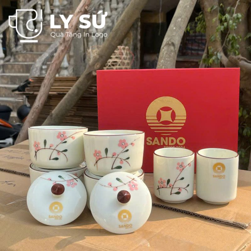 Bộ giftset cốc sứ Bát Tràng quà tặng in logo gồm 2 cốc sứ và 4 hũ mứt BGS-02