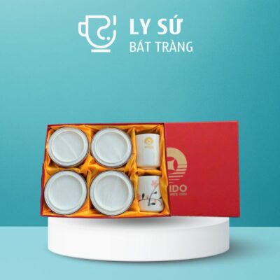 Bộ giftset cốc sứ Bát Tràng quà tặng in logo gồm 2 cốc sứ và 4 hũ mứt BGS-02