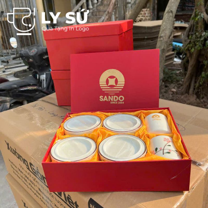 Bộ giftset cốc sứ Bát Tràng quà tặng in logo gồm 2 cốc sứ và 4 hũ mứt BGS-02