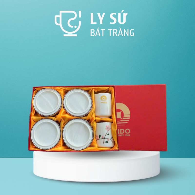 Bộ giftset cốc sứ Bát Tràng quà tặng in logo gồm 2 cốc sứ và 4 hũ mứt BGS-02