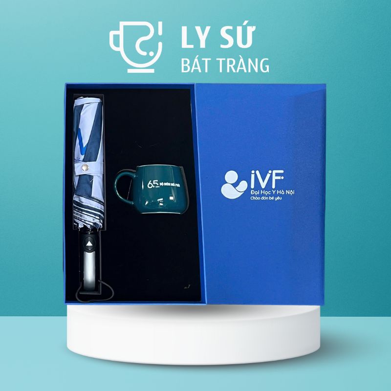 Bộ giftset cốc sứ Bát Tràng quà tặng in logo gồm cốc sứ dáng bầu và ô dù gấp 3 tự động 1 chiều BGS-07