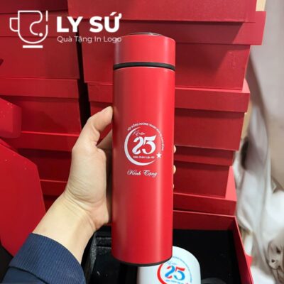 Bộ giftset cốc sứ Bát Tràng quà tặng in logo gồm cốc sứ quai bán tim và bình giữ nhiệt BGS-05