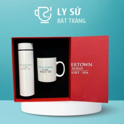 Bộ giftset cốc sứ Bát Tràng quà tặng in logo gồm cốc sứ quai C và bình giữ nhiệt BGS-04
