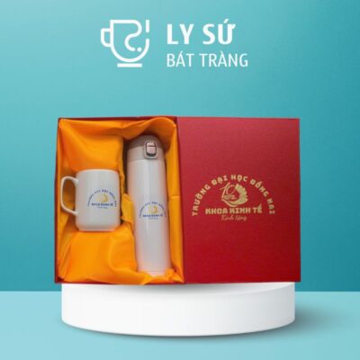 Bộ giftset cốc sứ Bát Tràng quà tặng in logo gồm cốc sứ quai vuông và bình giữ nhiệt BGS-03