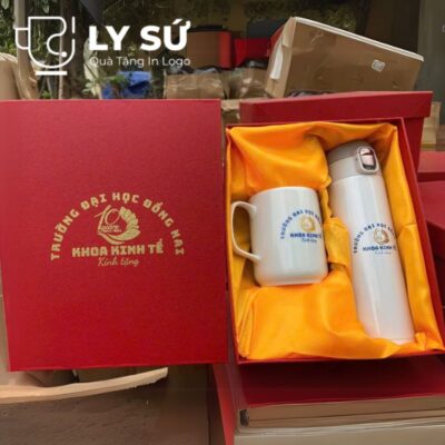 Bộ giftset cốc sứ Bát Tràng quà tặng in logo gồm cốc sứ quai vuông và bình giữ nhiệt BGS-03