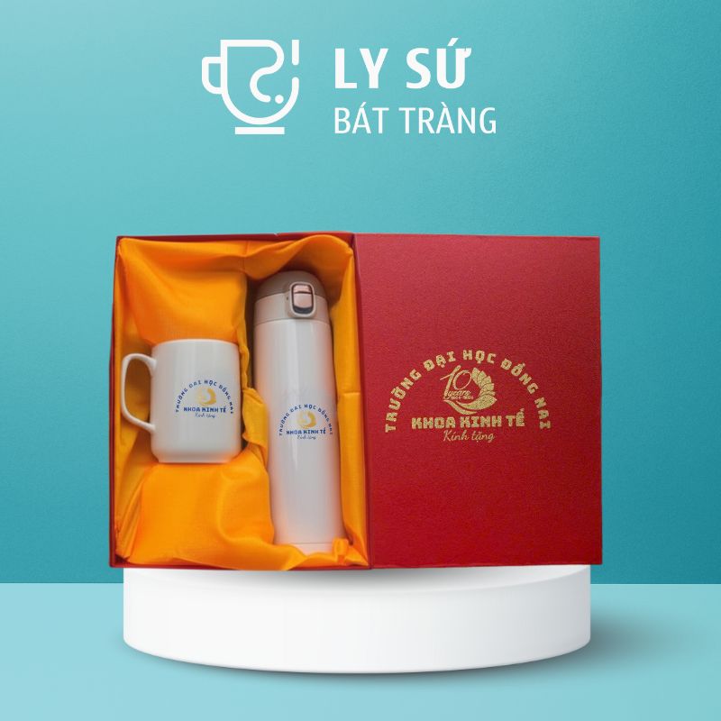 Bộ giftset cốc sứ Bát Tràng quà tặng in logo gồm cốc sứ quai vuông và bình giữ nhiệt BGS-03
