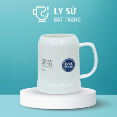 Ca bia Bát Tràng quà tặng in logo màu trắng dáng trụ quai C 500ml CB-05