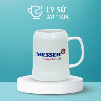 Ca bia Bát Tràng quà tặng in logo màu trắng dáng trụ quai C 500ml CB-06