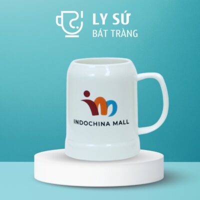 Ca bia Bát Tràng quà tặng in logo màu trắng dáng trụ quai C 500ml CB-07