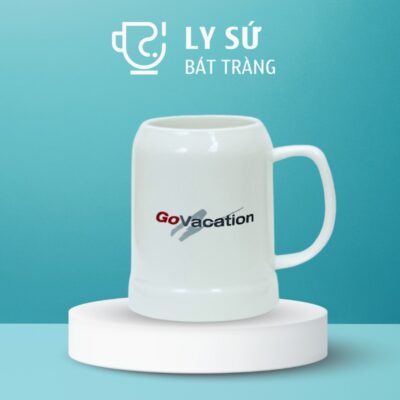 Ca bia Bát Tràng quà tặng in logo màu trắng dáng trụ quai C 500ml CB-08