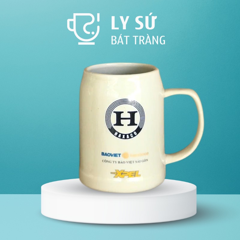 Ca bia Bát Tràng quà tặng in logo màu trắng ngà dáng trụ quai C 500ml CB-02