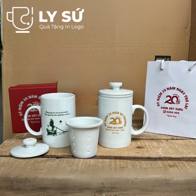 Cốc sứ lọc trà Bát Tràng quà tặng in logo