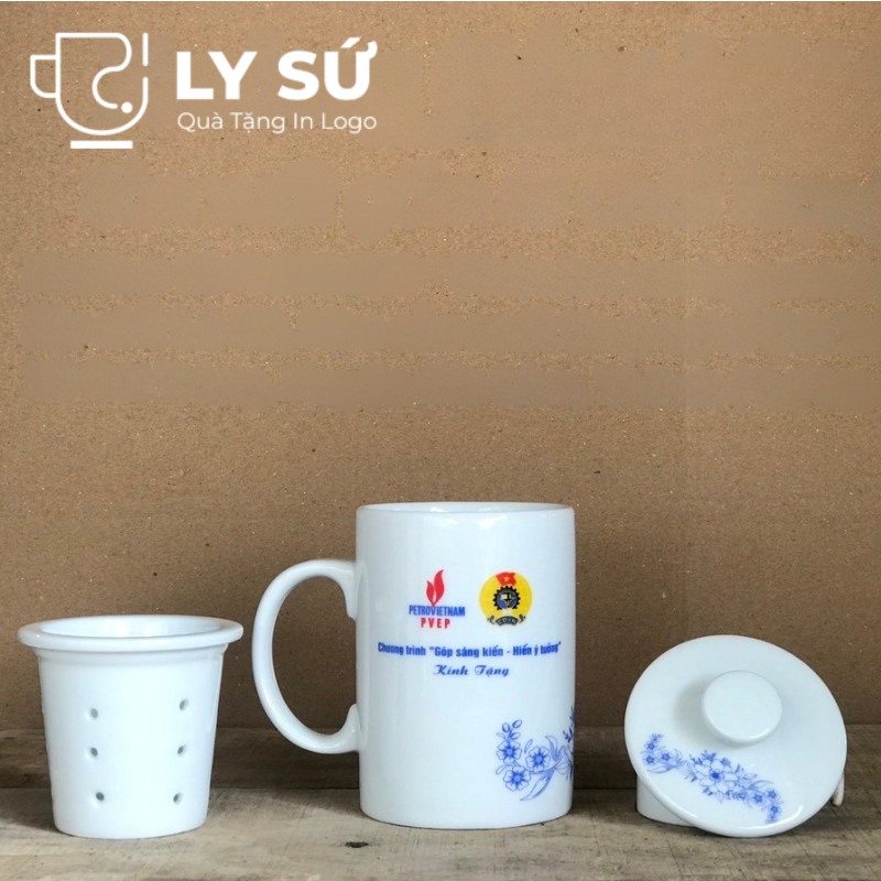 Cốc sứ lọc trà Bát Tràng quà tặng in logo