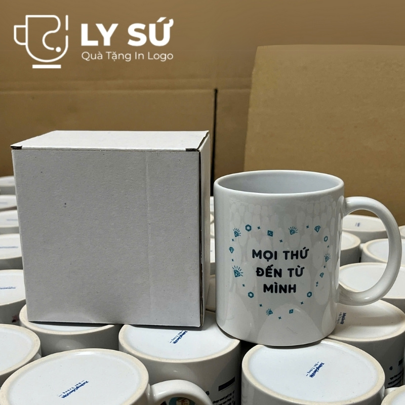 Cốc sứ trắng Bát Tràng quà tặng in logo